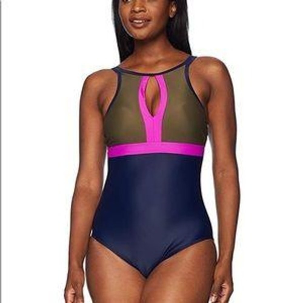 Coastal Blue NWT Womens Colorblock High Neck Keyhole One Piece Swimsuit Medium